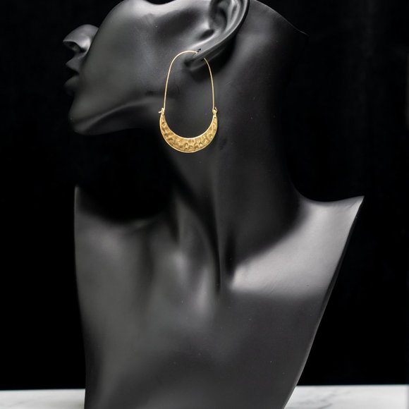 Crescent Moon Hammered Drop Hoop Earrings in Gold - Picture 3 of 3